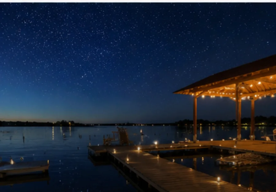 Muelle iluminado de noche bajo un cielo estrellado en la Laguna Champayán