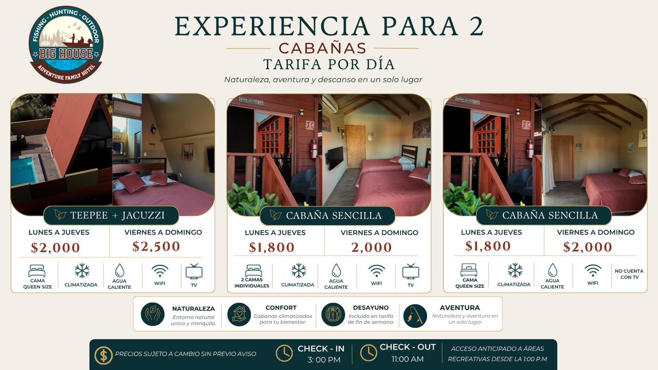 Tarifas de cabañas — experiencia para 2 personas